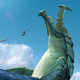 A green sea creature rises out of the water as a man with a spear jumps toward it.